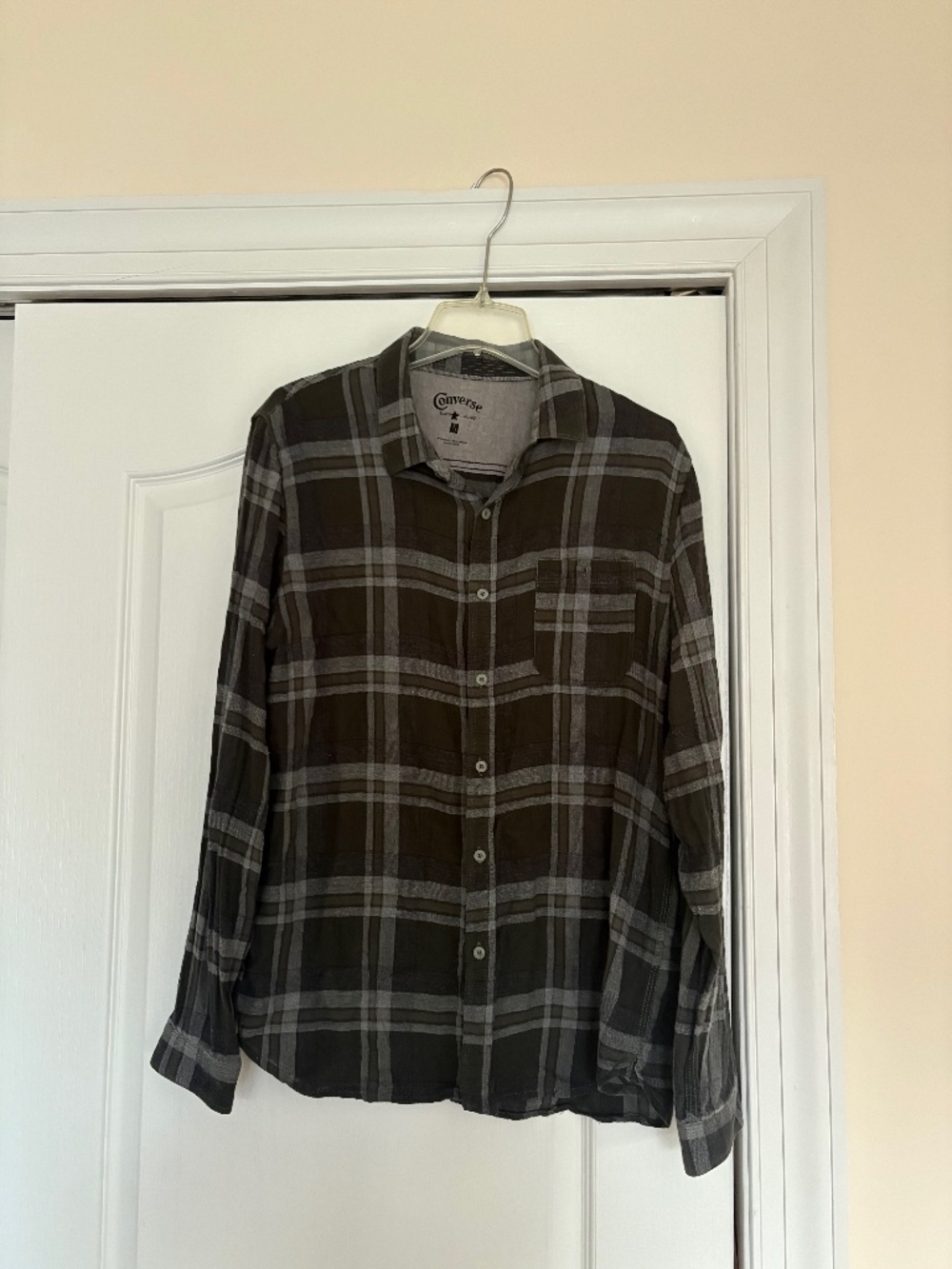 Converse Plaid Flannel Button Down Shirt Green Gray Mens Size M